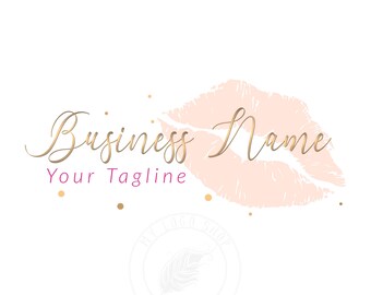 Pink Lips Logo, Gold Script, Beauty Makeup Artist (Digital Files)