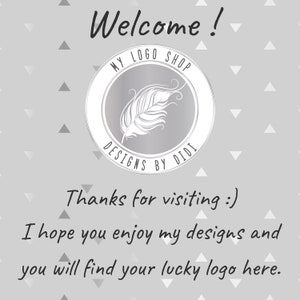 May include: A silver circle with a feather design and the text "MY LOGO SHOP DESIGNS BY DIDI" inside. The background is grey with a pattern of white triangles.