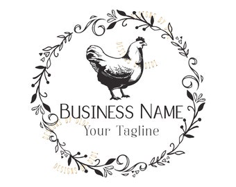 Puede incluir: Diseño de logotipo en blanco y negro con un pollo estilizado dentro de una corona floral circular. El texto "BUSINESS NAME" y "Your Tagline" se muestra debajo de la corona.