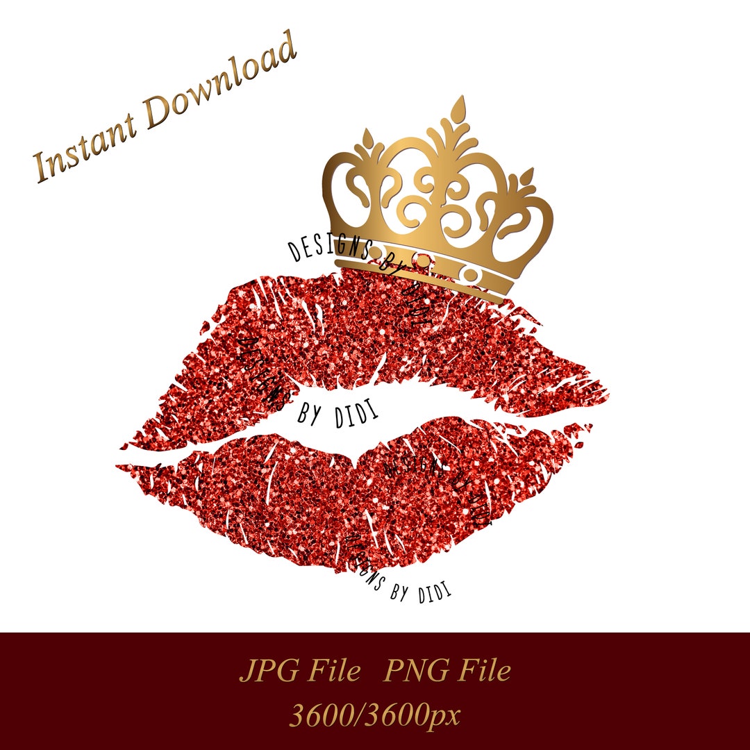 Lips Instant Download, Red Glitter Lips Crown Logo Image Clipart, Lips