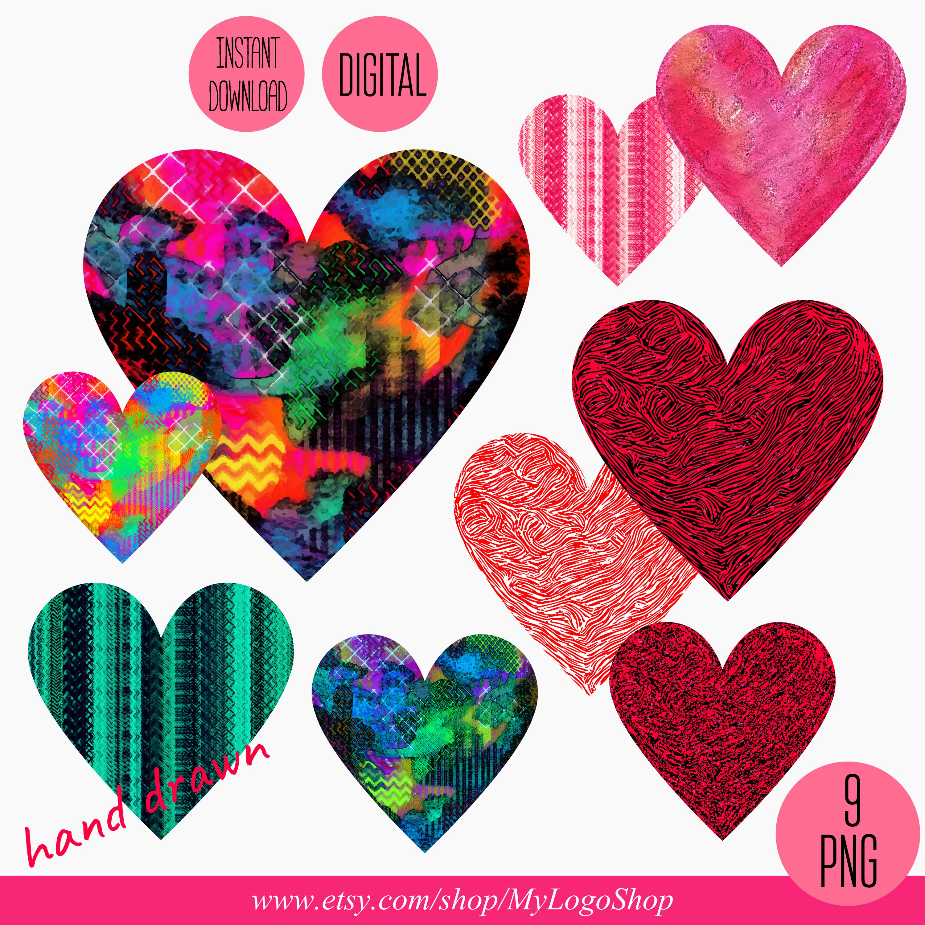 Digital Heart PNG Bundle | Hand Drawn Colorful Hearts Clipart ...