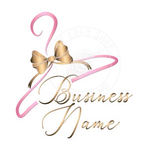 Pink gold hanger bow logo design, clothes hanger logo, premade fashion hanger logo, girls fashion logo, branding package, feminine logo