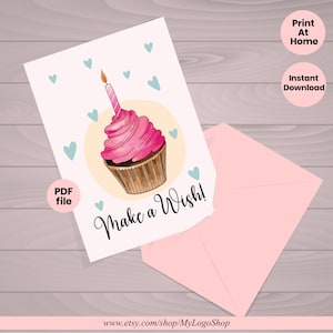 Druckbar machen einen Wunsch Geburtstagskarte, süße Aquarell Cupcake Herz Illustration bereit, Karte zu drucken, sofortiger digitaler Download alles Gute zum Geburtstag