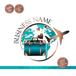 Travel Round Logo, Reisebüro Design Koffer Weltkarte Flugzeug Herzen Branding, Vektor Reisegeschäft, türkis teal Reisebüro