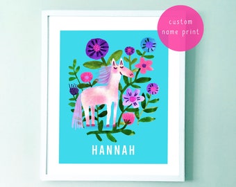 Flowers + Pony Name Art Print - Personalised Nursery Decor - more colour options