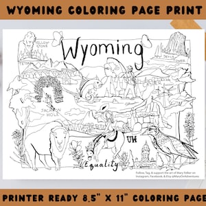 Wyoming Coloring, Wyoming Print, Wyoming Art, Wyoming Coloring Page, Adult Coloring, Coloring Book, Wyoming State Symbols, Wyoming Teacher image 1