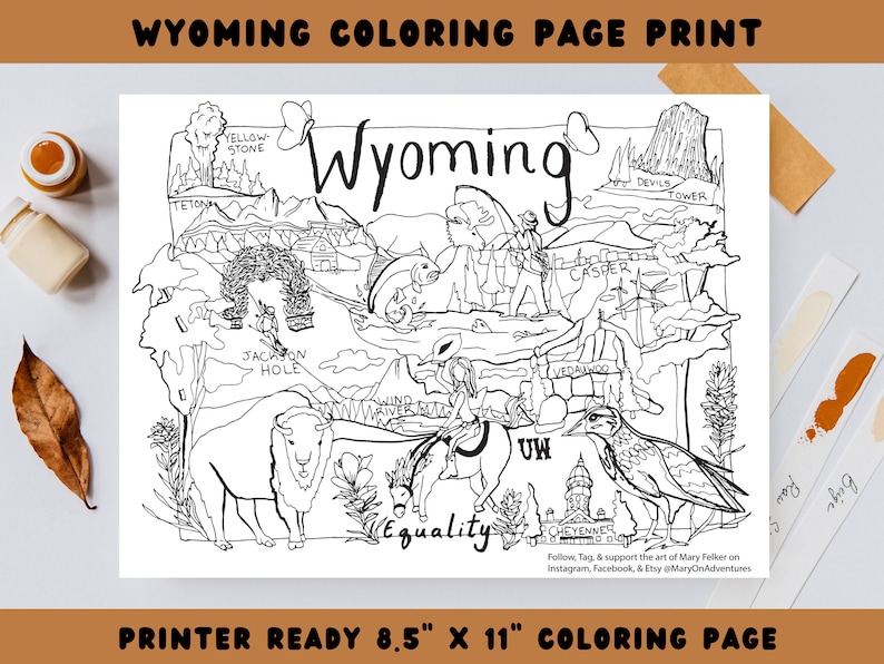 Wyoming Coloring, Wyoming Print, Wyoming Art, Wyoming Coloring Page, Adult Coloring, Coloring Book, Wyoming State Symbols, Wyoming Teacher image 1
