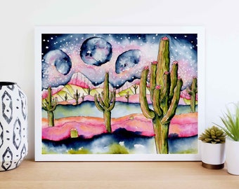 Cactus Print, moon print, galaxy print, galaxy framed print, night sky painting, watercolor print, gift for her, office print, moon art