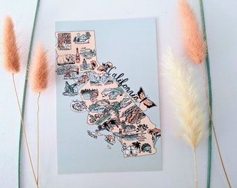 California Map Art Postcard, State Souvenir (4x6 A6 Print)