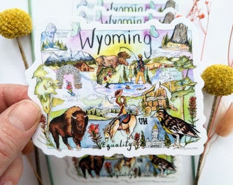 Wyoming State Map Vinyl Sticker, Illustrated Souvenir Decal