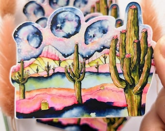 Watercolor Galaxy Cactus Vinyl Sticker, Desert Landscape Decal