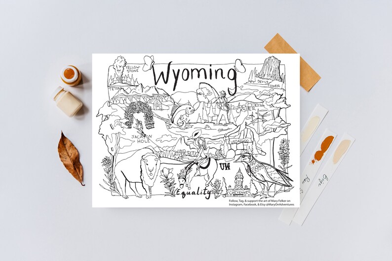 Wyoming Coloring, Wyoming Print, Wyoming Art, Wyoming Coloring Page, Adult Coloring, Coloring Book, Wyoming State Symbols, Wyoming Teacher image 4