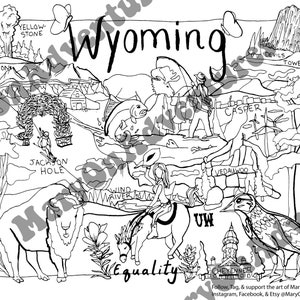 Wyoming Coloring, Wyoming Print, Wyoming Art, Wyoming Coloring Page, Adult Coloring, Coloring Book, Wyoming State Symbols, Wyoming Teacher image 2