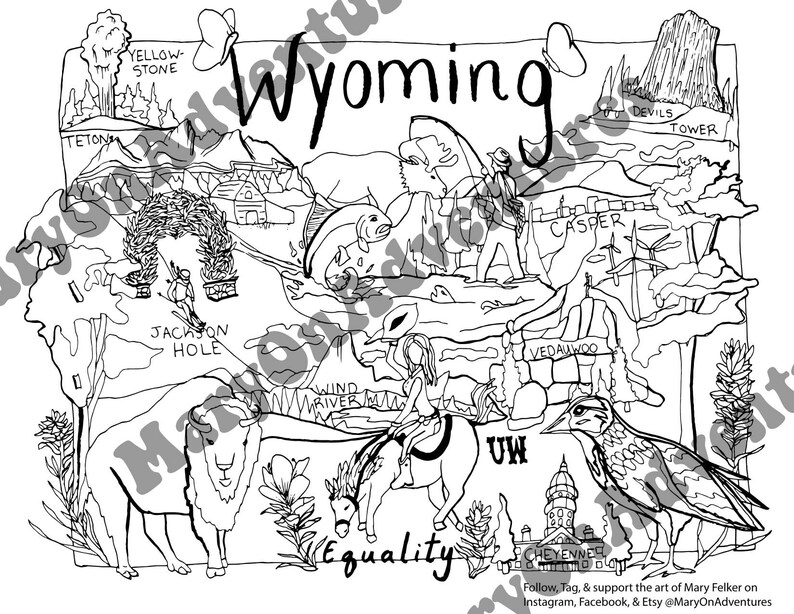 Wyoming Coloring, Wyoming Print, Wyoming Art, Wyoming Coloring Page, Adult Coloring, Coloring Book, Wyoming State Symbols, Wyoming Teacher image 2