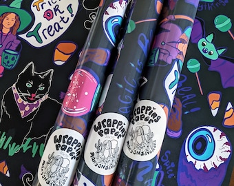 Spooky Halloween Wrapping Paper, Witch, Ghost, and Black Cat Design (20"x29")
