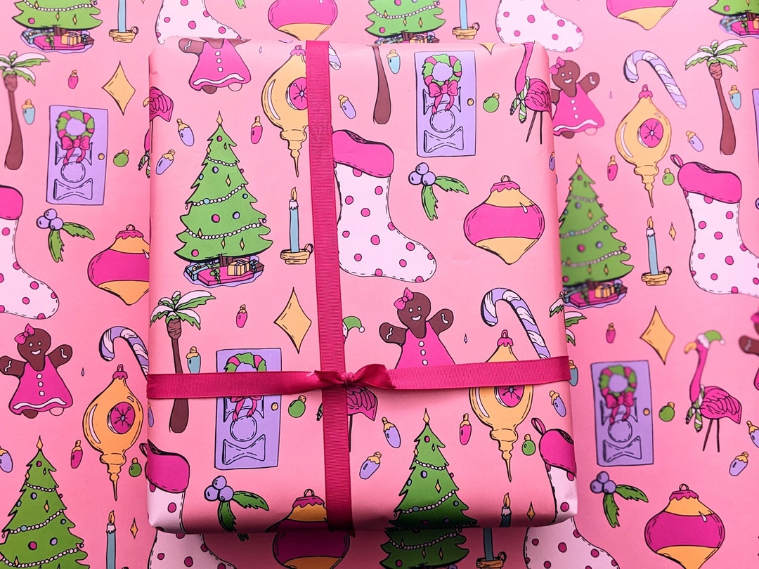 Pink Christmas Wrapping Paper, Beach Wrapping Paper, 20x29 Wrapping