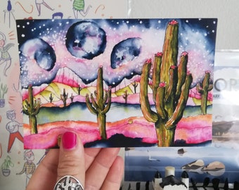 Cactus Postcard, Saguaro Stationery, moon watercolor, Galaxy watercolor, watercolor Saguaro, Saguaro print, Thank you Cards, Saguaro art