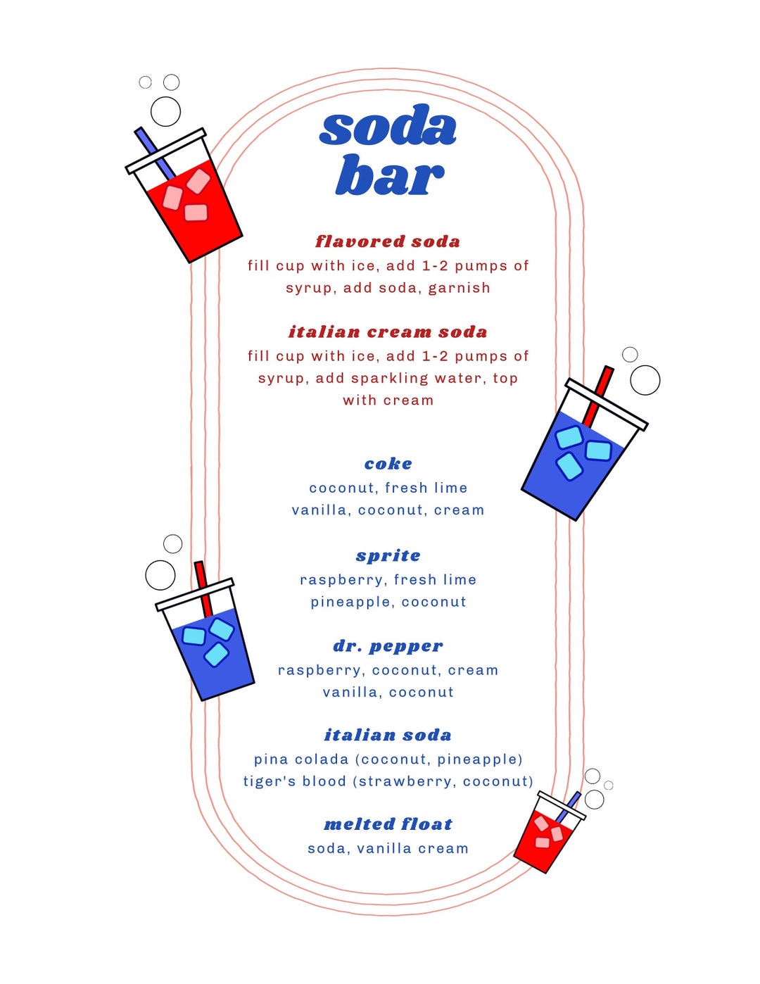 Printable Soda Bar Menu Digital Download DIY Soda Bar Soda Recipe List