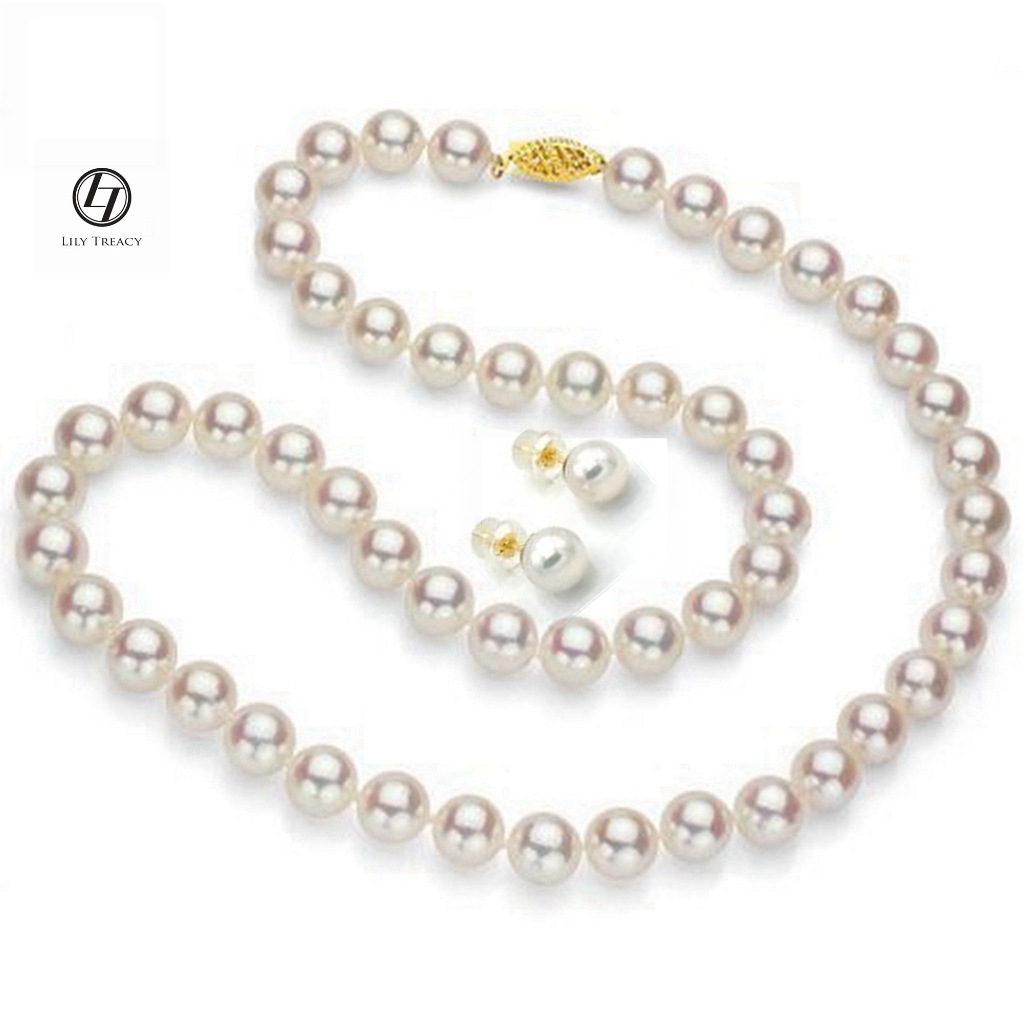 Japanese Akoya 9-9.5mm AAA High Quality Round Pearl Necklace 18K Yellow Gold Pinkish White No Earrings