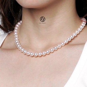 7.5-8mm Japanese Akoya Pearl Necklace Strand 14K solid gold clasp White Bridal Wedding Gift by Lily Treacy