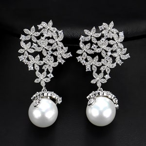 12mm Pearl Dangle Drop CZ Earrings Pave Set Floral white Bridal gift wedding