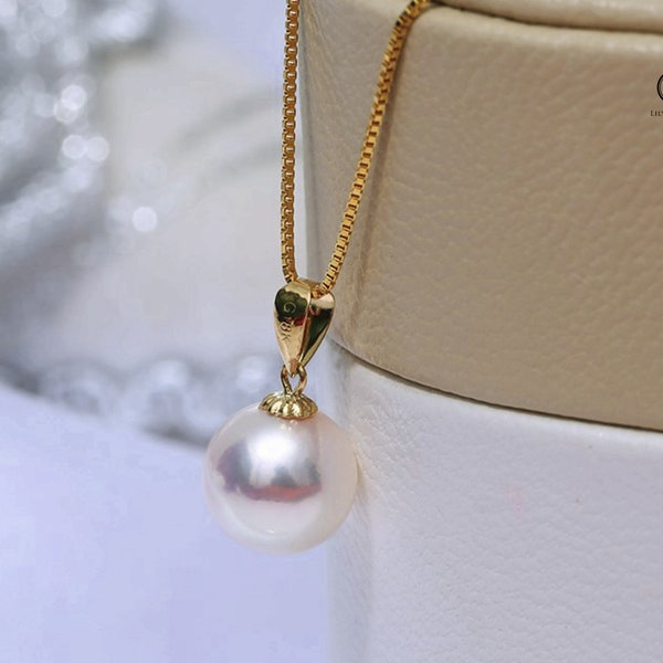 Japanese Akoya Pearl Pendant 18K Solid Yellow Gold 7.5-8mm;8-8.5mm;8.5-9mm;9-9.5mm; 9.5-10mm Bridal June Birthstone