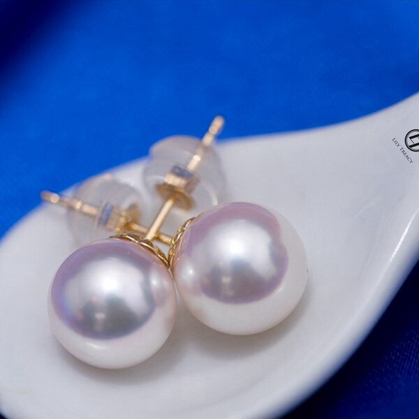 Lily Treacy Japanese Akoya Saltwater white Pearl 18K Solid Yellow, white or rose gold Stud Earrings 8.5-9mm 9-9.5mm 9.5-10mm Bridal gift