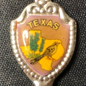 Texas mit Karte, Vogel & Blume (top) Karte mit Sites (Schüssel) auf Schaufel Souvenirlöffel - pre-owned