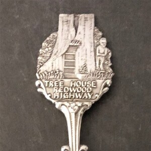 Tree House, Redwood Highway (top) Deer (bowl) on Silver Plated Souvenir Spoon – NEW