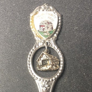 Brown County State Park and Covered Bridge Charm (top) Indiana Map (bowl) on Souvenir Spoon - pre-owned