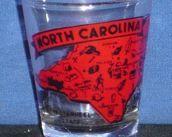 North Carolina Map in Red with Multiple Sites on 1oz Glass Shot Glass - NEW