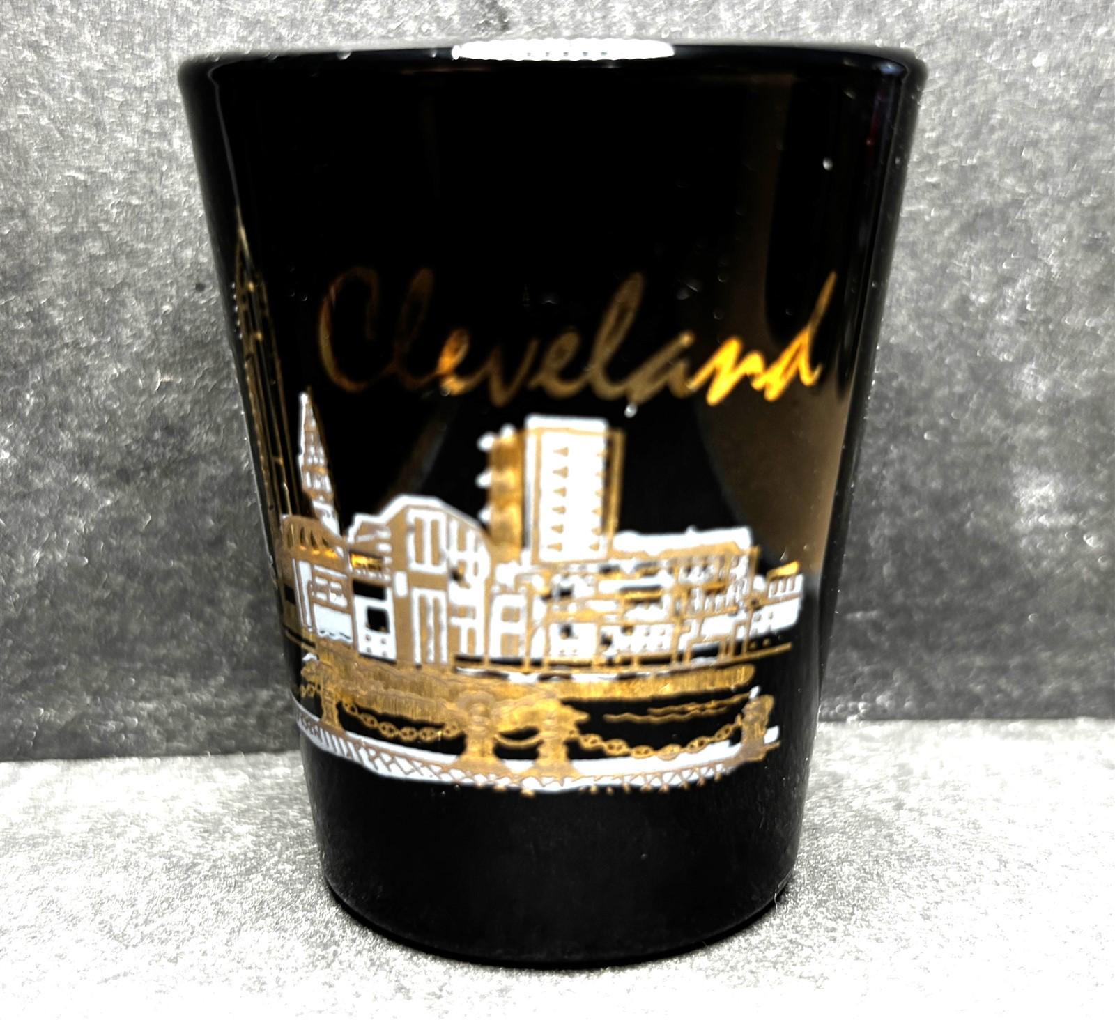 Cleveland, Ohio with Skyline on 1oz Black Glass Shot Glass - NEW