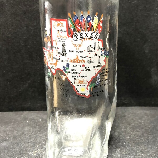 Texas with Map & Many Cities and Sites on 1.5oz Boot Shaped Clear Glass Mini-mug - NEW