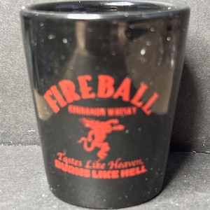Fireball Cinnamon Whiskey * Tastes Like Heaven ~ Burns Like Hell * with "L" on 1oz Black Ceramic Shot Glass - NEW image 1