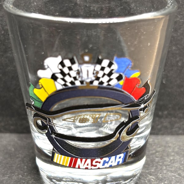 NASCAR with Car & Flags on 1oz Glass Shot Glass - NEW