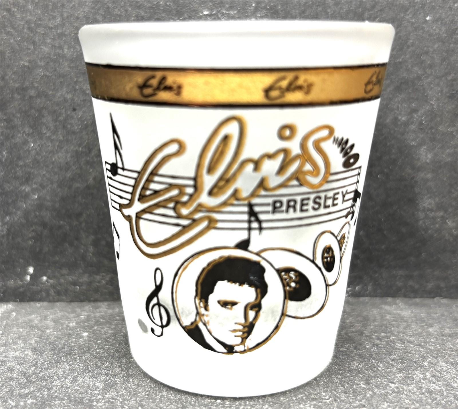 Elvis Presley with Music and Portrait in 22K Gold on 1oz Frosted Glass Shot Glass - NEW