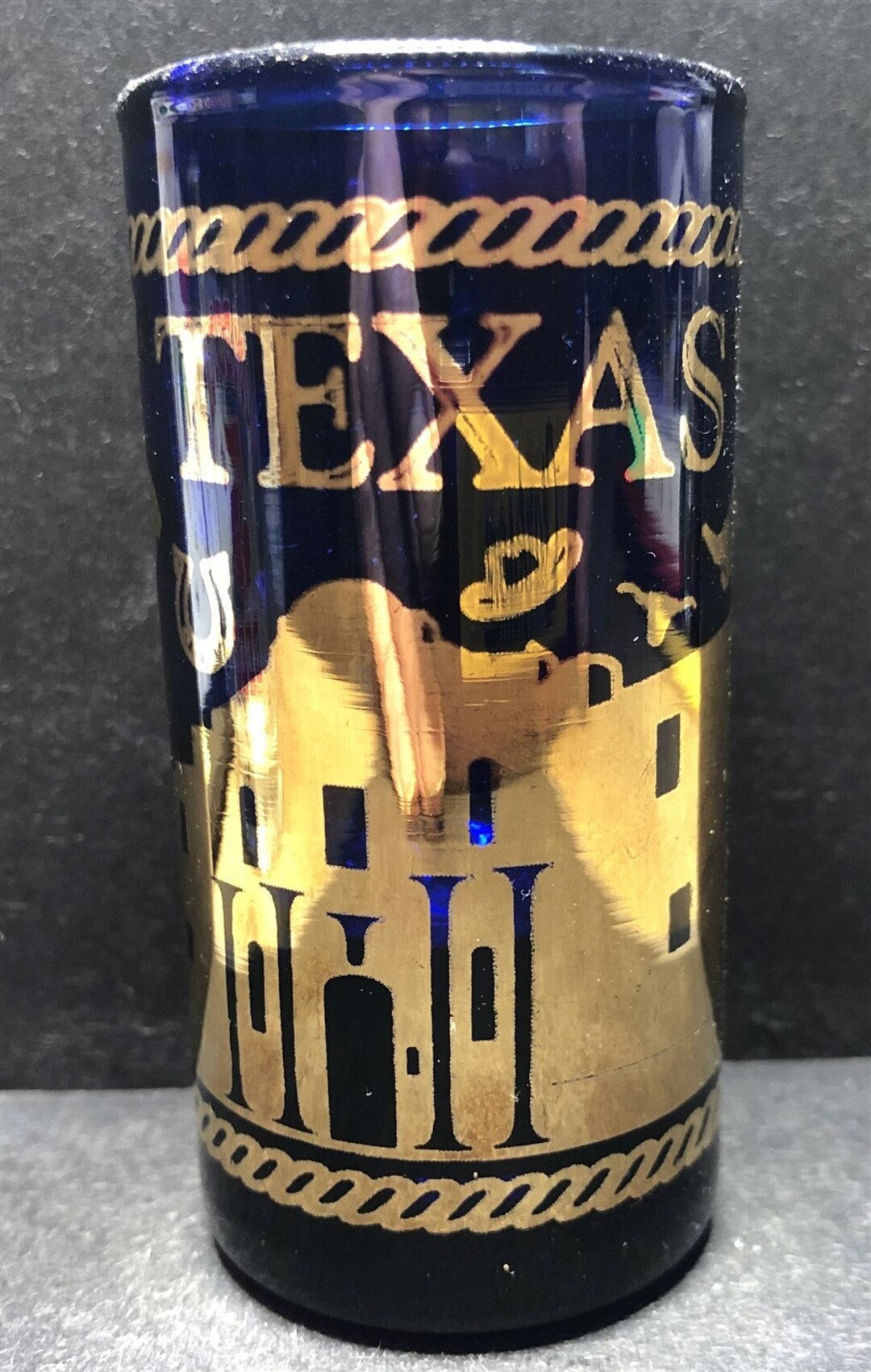 Texas With Oil Derek and Cowboy on Horseback on 1oz Dark Blue Glass ...