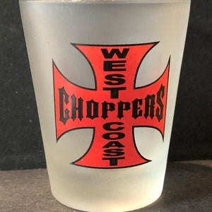 West Coast Choppers on Red Maltese Cross on 1oz Frosted Glass Shot Glass – NEW
