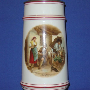 2 liter White Ceramic Lidded Stein with &#39;Outdoors at a Pub&#39; Scene - pre-owned