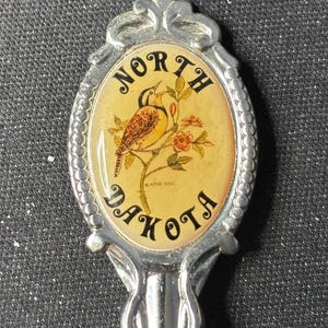North Dakota mit State Bird and Flower (oben) Map & Sehenswertes (Schale) auf Souvenir Löffel - gebraucht
