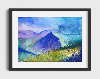 Blue Mountain Art Print, Watercolour Landscape Wall Art, Impressionist Watercolor art, Personalised gift for him for her