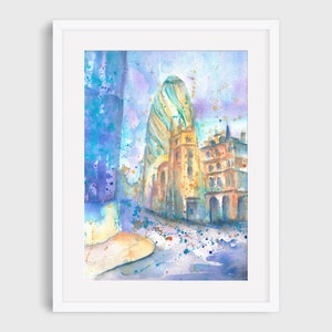 London Gherkin Painting, Original City watercolor, Watercolour wall art, Easter personalised gift for her for him