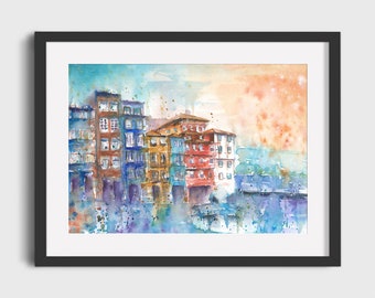 May include: Watercolor painting of colorful buildings in a European city. The buildings are painted in shades of red, orange, yellow, blue, and green. The sky is a soft blue with hints of orange and pink. The painting has a soft, dreamy feel.
