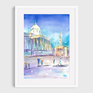 London Trafalgar Square Watercolor Art Print: Impressionist Painting