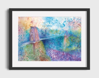 Bristol Art Print, Clifton Suspension Bridge, Watercolour Wall art, Personalised Christmas gift for her for him