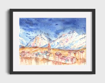 Paisaje alpino en acuarela: arte montañoso austriaco (38 x 56 cm)