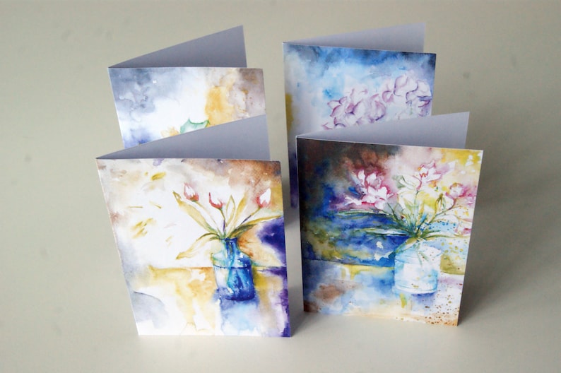 SALE 4 Floral Greeting Watercolor cards set Flower Print Floral Watercolour card Original Impressionist Colorful Gift ideas Christmas Sale
