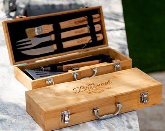 Personalized Complete BBQ Grill Tool Kit Set With Wood Case - Custom Engraving