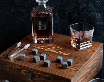 Personalized Engraved Decanter Full Set with Wood Box, Glasses, and Whiskey Stones