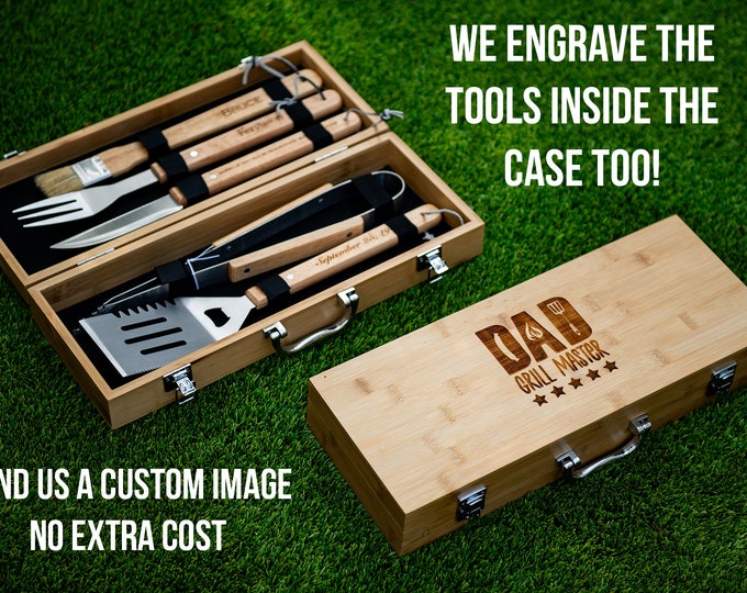 Personalized Complete BBQ Grill Tool Kit Set With Wood Case - Custom Engraving